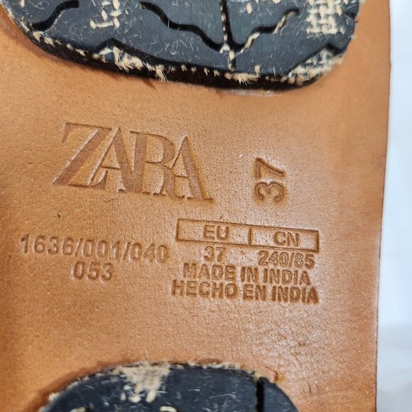 Zara Lace Up Flat Sandals Womens 37 India Black Tie-Up Wooden Bead Accents - Picture 7 of 9